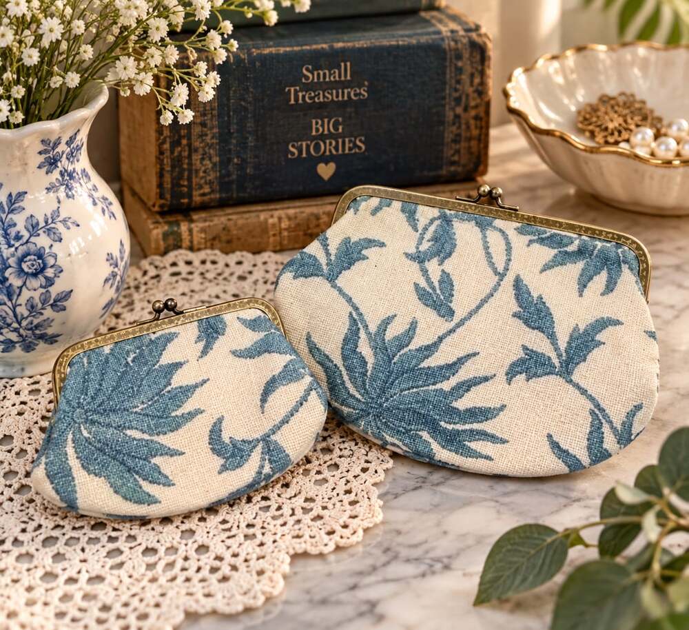 Handmade Hand Embroidered Tropical Kiss Lock Coin Purse Set Blue Ivory OOAK Vtg
